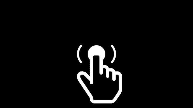 Animated white hand cursor clicking with ripple effect on black background. Ideal for UI design, web interaction, tutorials, and touch screen concepts.