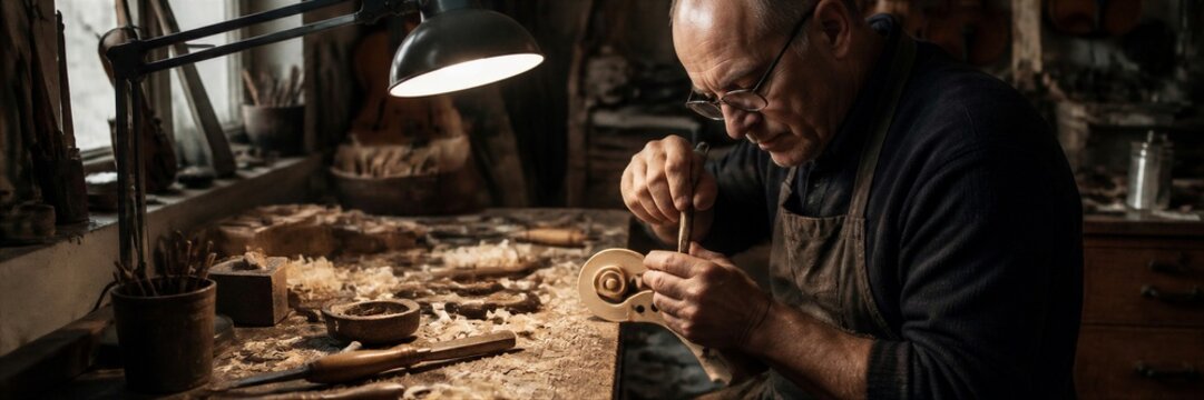Senior man luthier carving violin scroll in dark workshop. Craftsmen carving wood with chisel at workbench with tools and shavings under lamp.