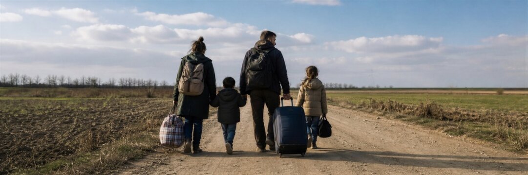 Family of refugees walking on dirt road with luggage and backpacks. Man, woman and kids leaving home with belongings. War crisis, migration and displacement concept.