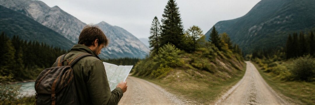 Man traveler with backpack reading paper map on dirt road crossroads in mountain valley. Hiking adventure and journey planning concept. Exploring wilderness and outdoor tourism.