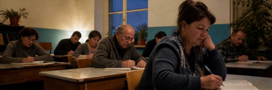 Mature woman writing in notebook at evening class with adult students studying at desks. Documentary of adult literacy education and lifelong learning in classroom at night.