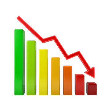 A glossy 3D bar chart featuring colorful declining vertical columns from green to red with a downward pointing red trend arrow representing financial loss and economic recession concept