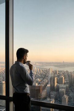 Businessman drinking coffee by office window overlooking city skyline at sunrise. Man thinking during morning break at workplace.