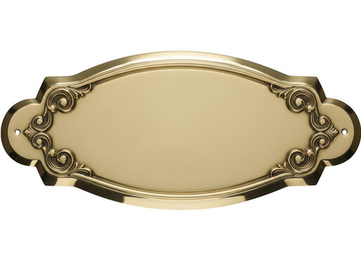 Elegant golden oval vintage metal plaque with floral border isolated on transparent background