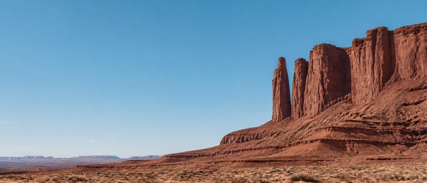 Red rock cliffs and sandstone buttes of desert plateau under clear blue sky. Panoramic landscape of wild american southwest canyon.