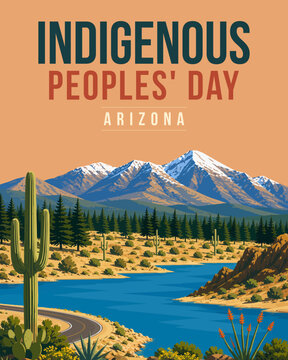 Indigenous Peoples&rsquo; Day Arizona Landscape with Desert Lake, Saguaro and Mountains