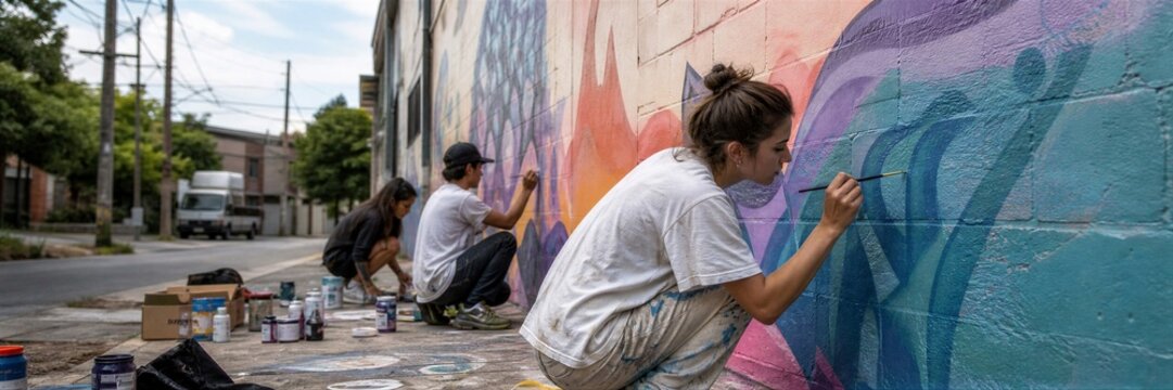 Young woman and youth team painting colorful mural on city street wall. Community art project and urban creativity.