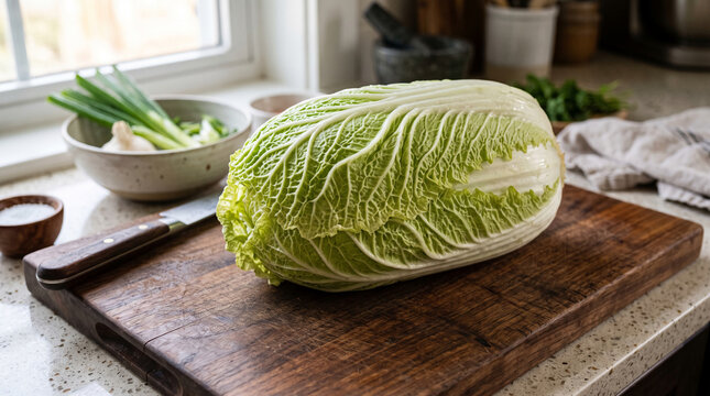 Fresh cabbage on a rustic wooden board, with green onions and salt, symbolizing healthy eating, home cooking, and farm-to-table freshness