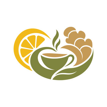 Ginger Lemon Tea Vector Emblem with Cup, Citrus and Root