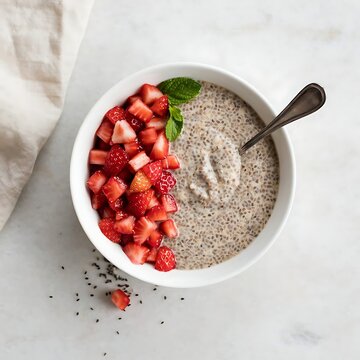 Healthy chia seed pudding in a white bowl topped with fresh diced strawberries and mint leaves