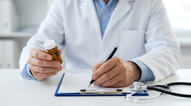 Doctor Writing Prescription Holding Medication Bottle at Desk.