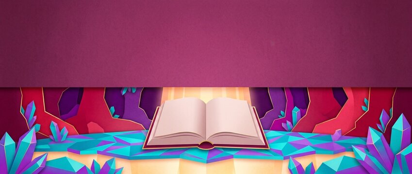 Glowing Open Book on a Crystal Stage in Layered Paper Magical for Reading Campaign Poster and Course Banner