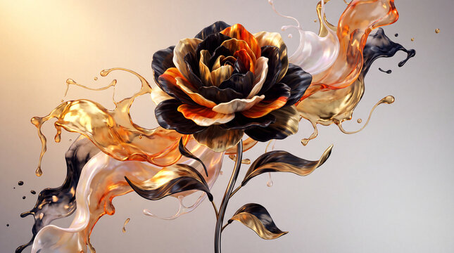 Luxurious and surreal 3D rose artwork with black gold amber petals amid swirling molten liquid gold and dark metallic splashes