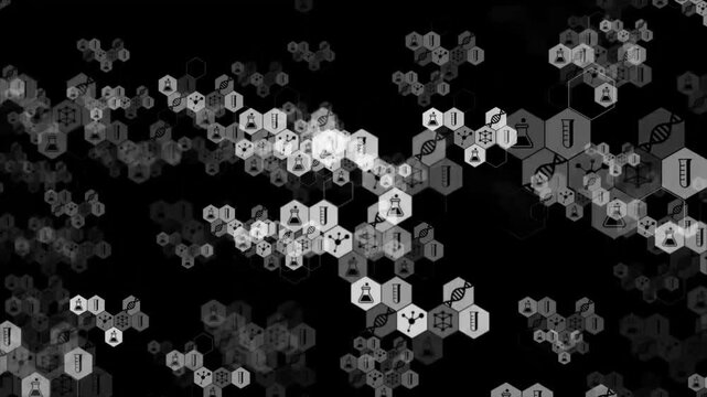 Judge icons with scientific symbols on a dark background