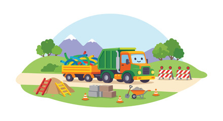 Fototapeta premium A cheerful cartoon garbage truck carrying colorful pipes drives past a construction site in a scenic landscape.