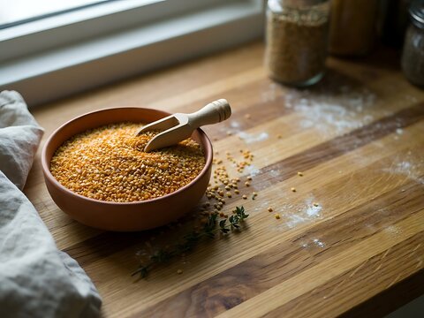 Rustic ceramic bowl filled with yellow split lentils and a wooden scoop on a wooden kitchen countertop