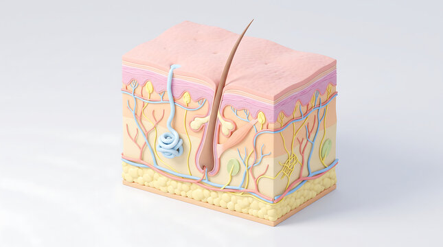 Detailed human skin anatomy cross section with hair follicle, sebaceous gland, dermis, epidermis and subcutaneous fat for dermatology and medical education.