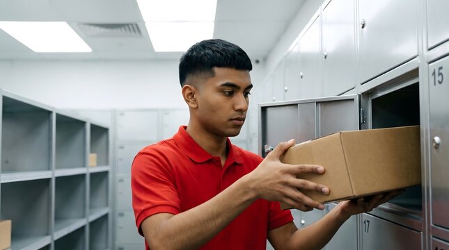 Courier placing parcel in metal locker at delivery station