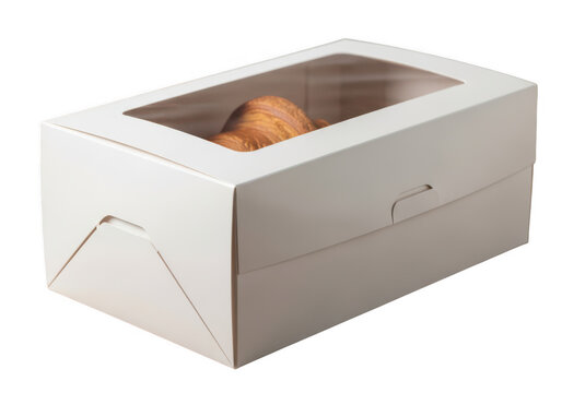 Fresh croissant inside a white cardboard bakery box isolated on transparent background