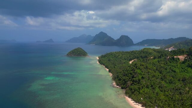 El Nido tropical beach seascape with limestone karsts Amazing aerial view drone