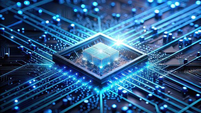 A tiny shimmering microchip suspended within a web of circuitry pulses with an otherworldly blue light energy