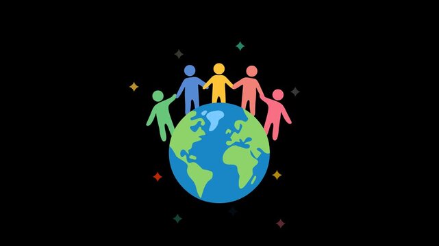 Animation of people holding hands on Earth
