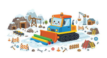 Naklejka premium A cute cartoon bulldozer pushes colorful pipes in a snowy mining scene with cranes, tools, and snowy mountains.