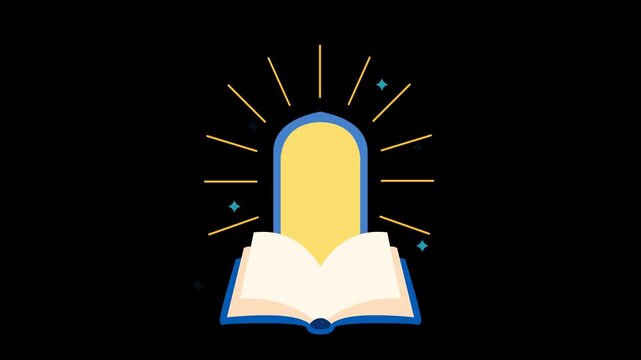 Animation of a door emerging from a book with sparkling light and a transparent background