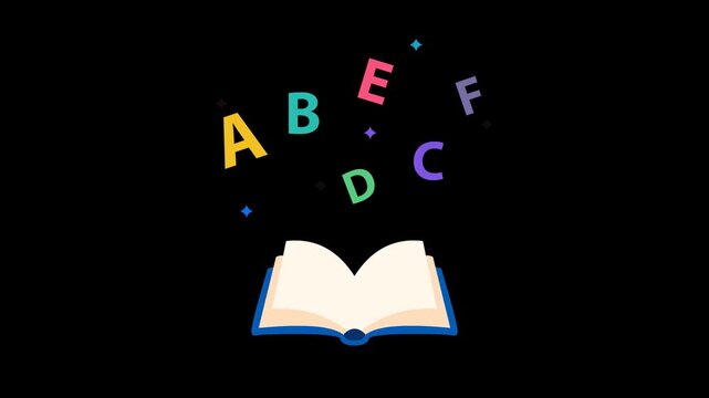 Alphabet animation emerging from a book against a transparent background