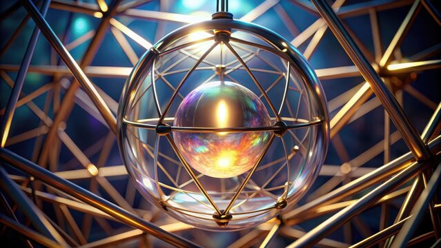 A pulsing iridescent orb suspended within a slender metallic framework glows with an ethereal otherworldly light source