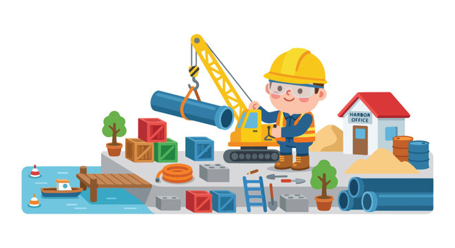 Cute construction worker operates a yellow crane at a busy harbor site with crates, pipes, and a small office building.
