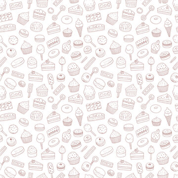 Seamless pattern of handdrawn desserts including cupcakes cakes donuts and icecream cones