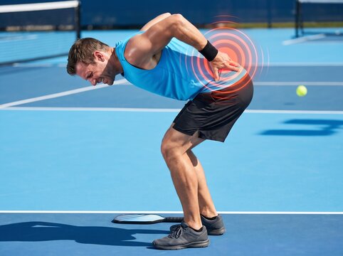 Male pickleball player experiencing severe lumbar strain and lower back pain on an outdoor blue court with red concentric pain graphic illustration