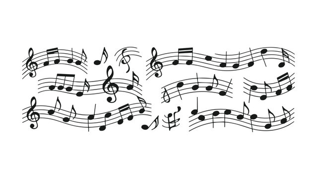Musical Notes Composition: An artistic arrangement of musical notes, treble clefs, and staccato marks, forming a rhythmic flow that evokes a sense of melody and harmony, ideal for creative projects.