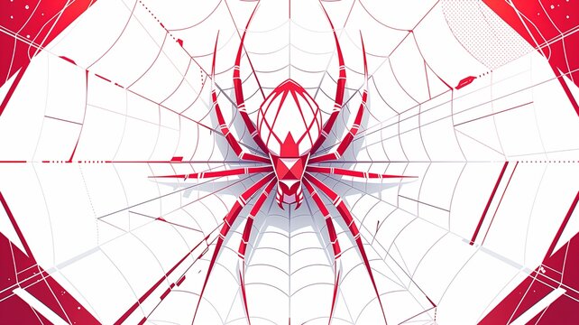 Symmetrical red spider centered in delicate web on white backdrop, sharp polygonal design for tech branding, modern poster, minimalist vector, Halloween decor