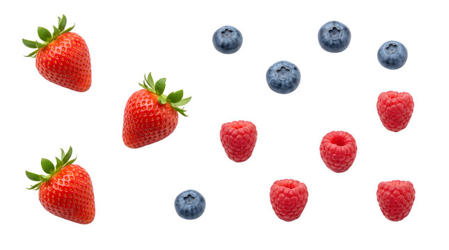 Fresh mixed berries on white background. Assorted strawberries, blueberries, and raspberries. Healthy organic fruit pattern for food packaging.