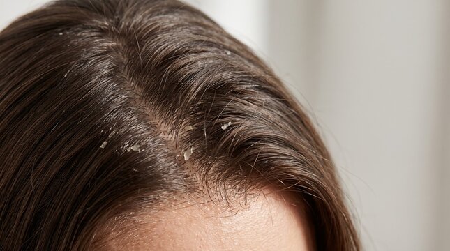 Close up of scalp with oily dark hair and dandruff flakes