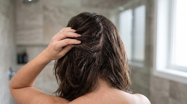 Person inspecting hair product residue on scalp in bathroom