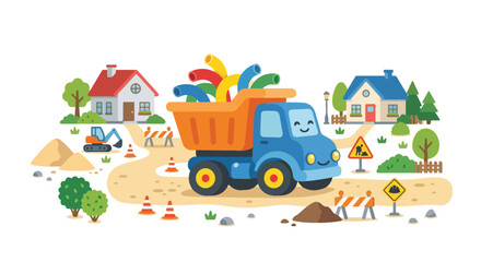 Fototapeta premium A cute cartoon dump truck loaded with colorful pipes drives through a construction site in a peaceful neighborhood setting.