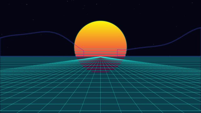 Retro synthwave sun and grid animation video loop