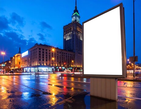 A massive blank white advertising billboard structure in a glowing European city center at dusk. Perfect for outdoor marketing and brand placement campaigns.