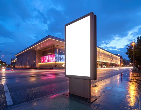 A massive blank white advertising billboard structure on a wet city street at dusk. Perfect for mockups and outdoor marketing campaigns.