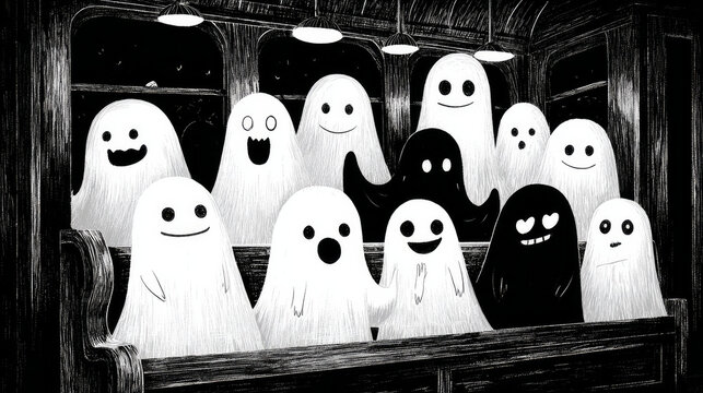 Happy Halloween Ghost Train with Creepy Ghosts and Evil Characters on a Haunted Train Ride