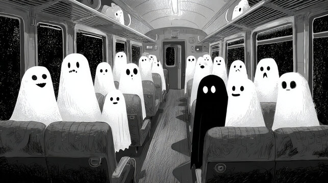 Happy Halloween Ghost Train with Creepy Ghosts and Evil Characters on a Haunted Train Ride