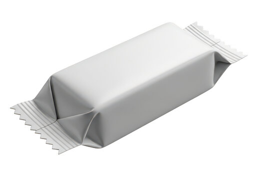 Small rectangular candy bar in a blank white wrapper isolated on transparent background