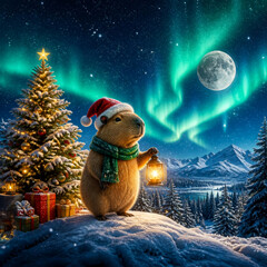 Obraz premium Cute digital illustration of a happy capybara wearing a Santa hat and cozy scarf, drinking hot cocoa on a snowy winter night with a decorated Christmas tree and full moon.