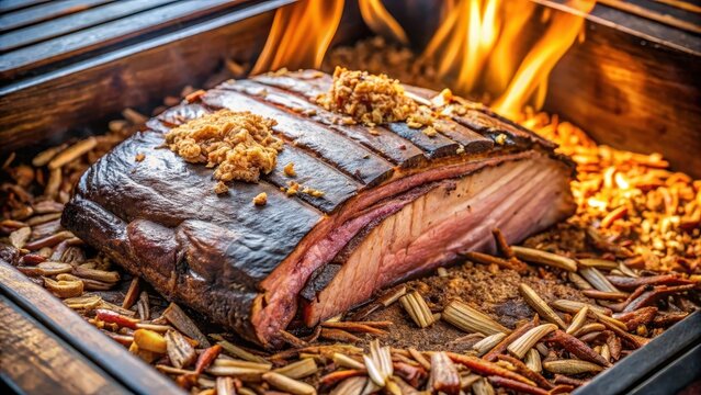 A closeup of a bbq smoker loaded with tender brisket and aromatic wood chips