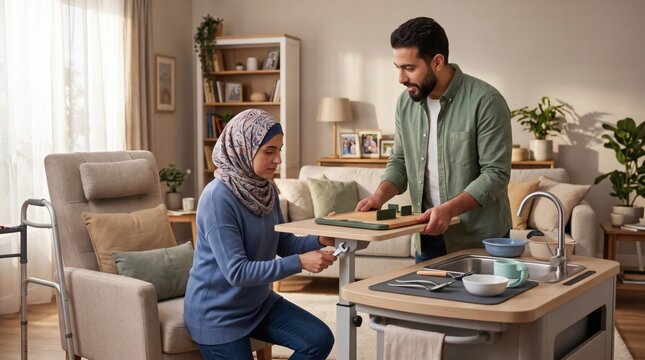 Professional commercial photograph of caregiver serving a meal to a Muslim woman in an accessible home living space, captured in a believable contemporary setting, with natural body language.