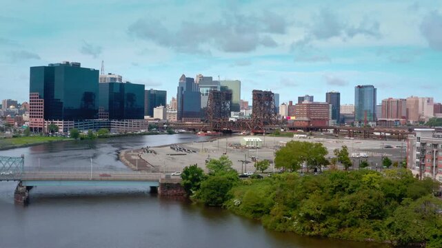 Newark New Jersey Downtown Cityscape Aerial View with River and Bridges