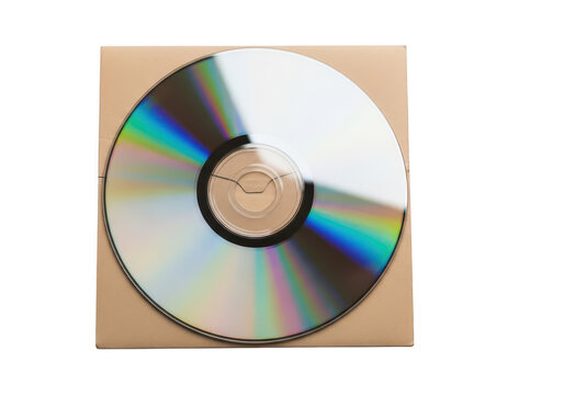 Shiny compact disc inside a brown cardboard paper sleeve isolated on transparent background